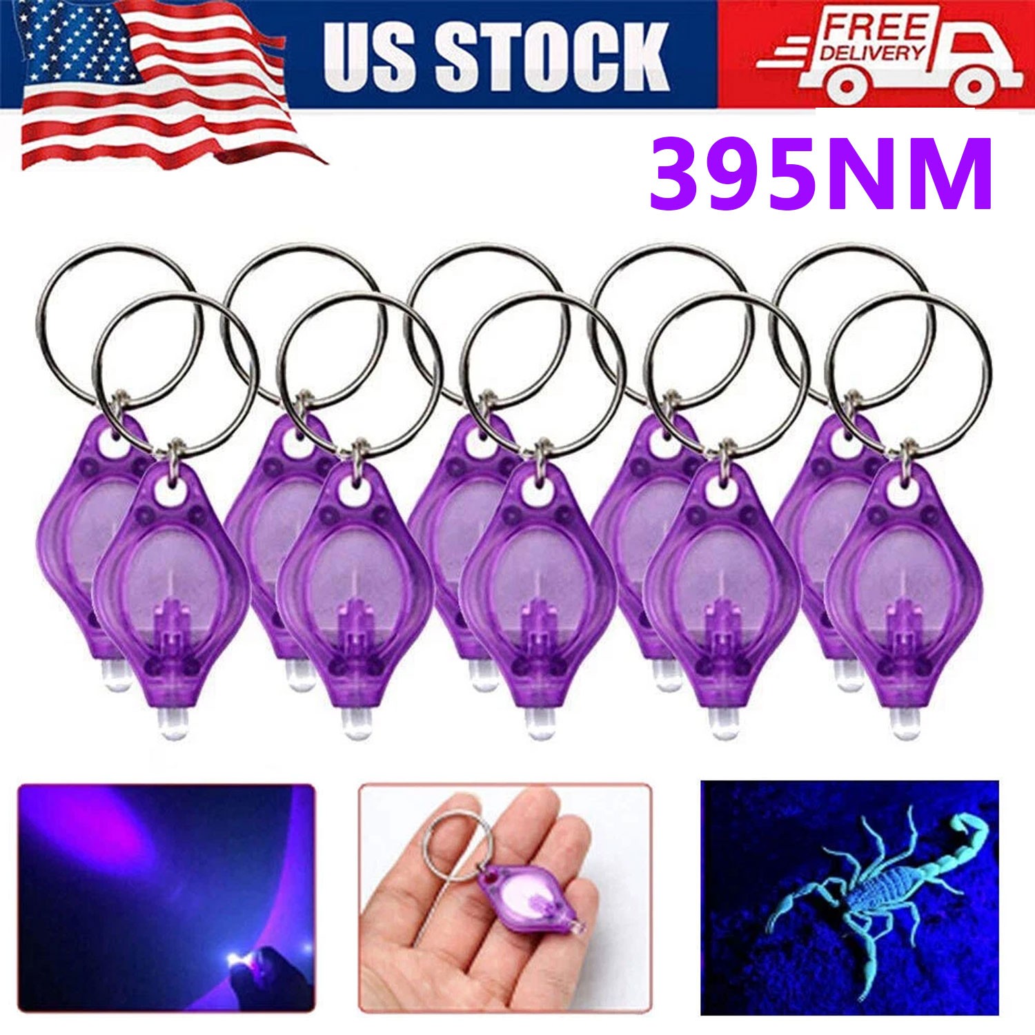 20 PCS UV Flashlight Mini Keychain LED Torch Light Blacklight Key Ring Lights