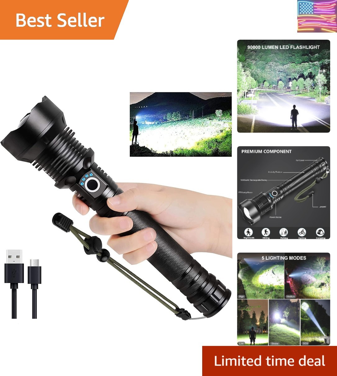 Rechargeable LED Flashlight 90000 Lumens Bright