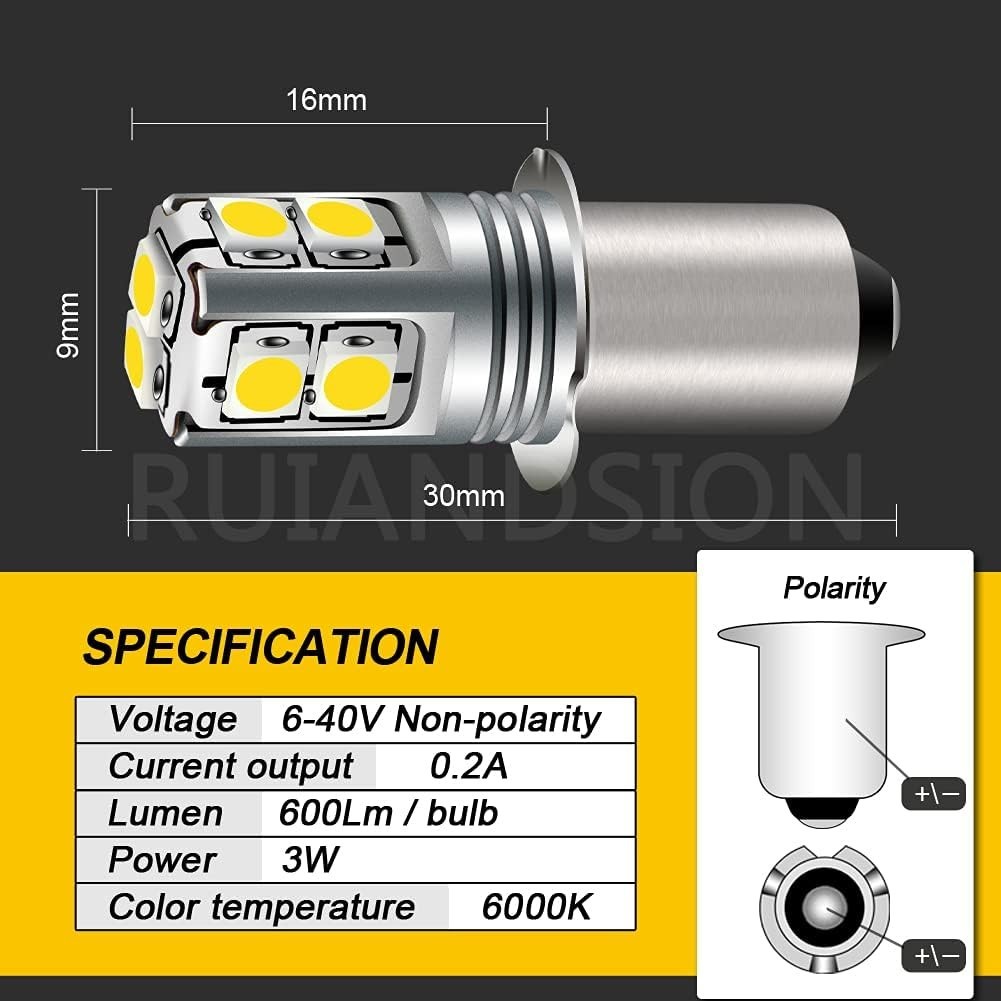 White P13.5S LED Flashlight Bulb, 6-40V Universal Upgrade 6V/9V/12V/18V/19.2V…