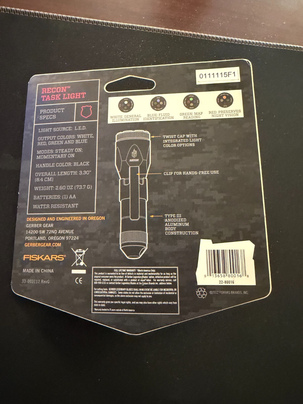 Gerber Recon Task Light Military Flashlight Small Multi-color Light NEW