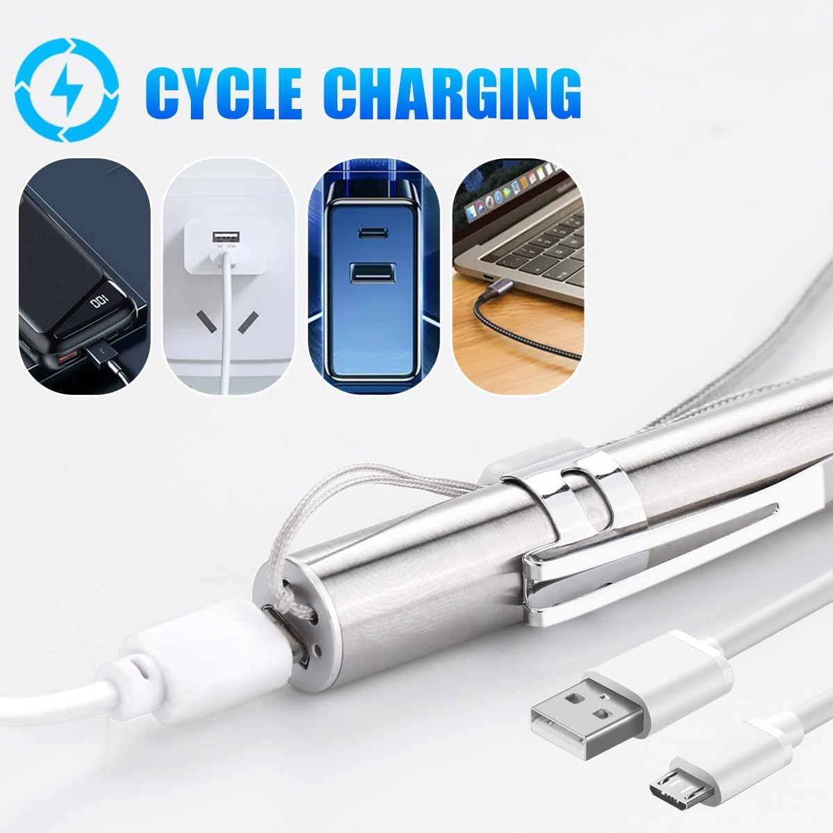 2Pack LED USB RECHARGEABLE MINI FLASHLIGHT Stainless Steel Pen Light 1000 Lumens