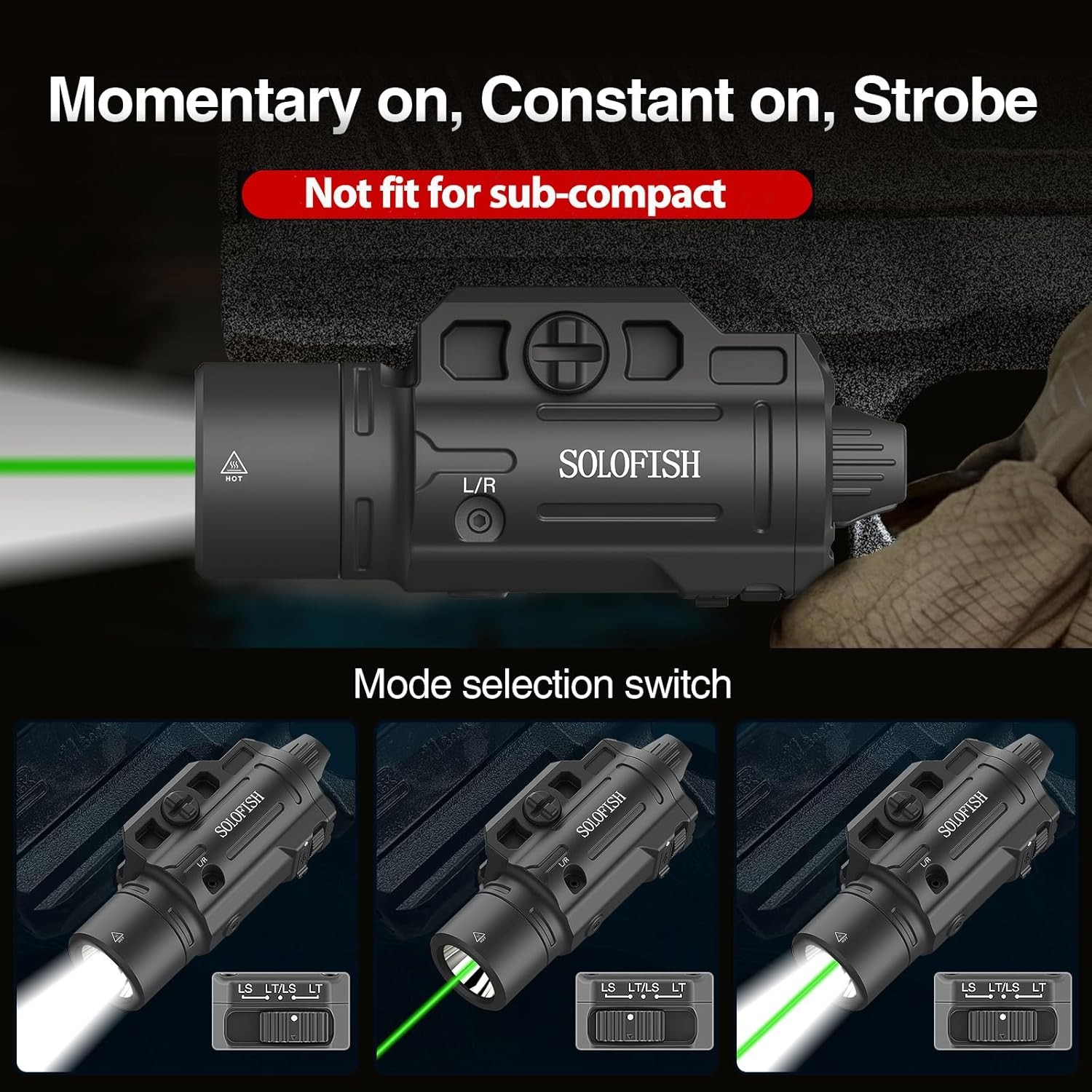 Solofish 1500lm Slidable Pistol Light Green Beam Combo Tactical Flashlight