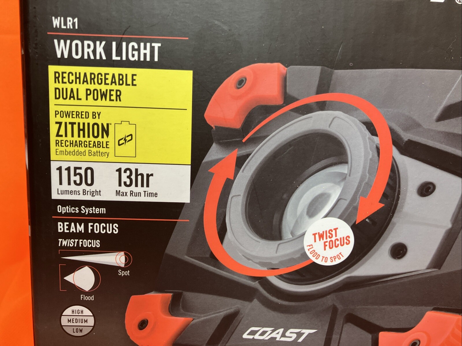 Coast WLR1 Work Black & Red 1150 Lumens Water Resistant Spotlight 30194