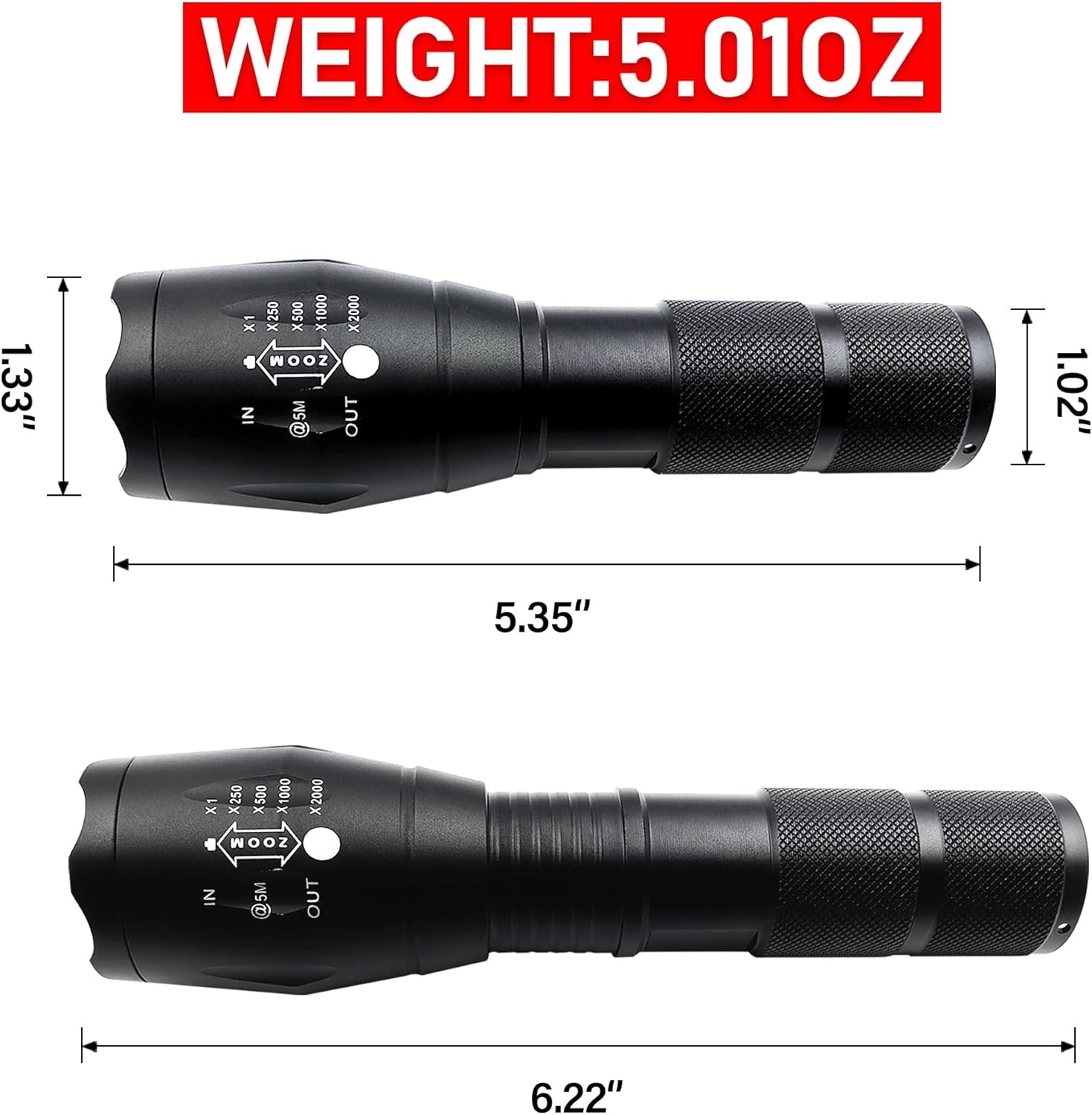 Aluminium LED Torch Zoomable Waterproof Camping Flashlight 5 Modes – No Battery