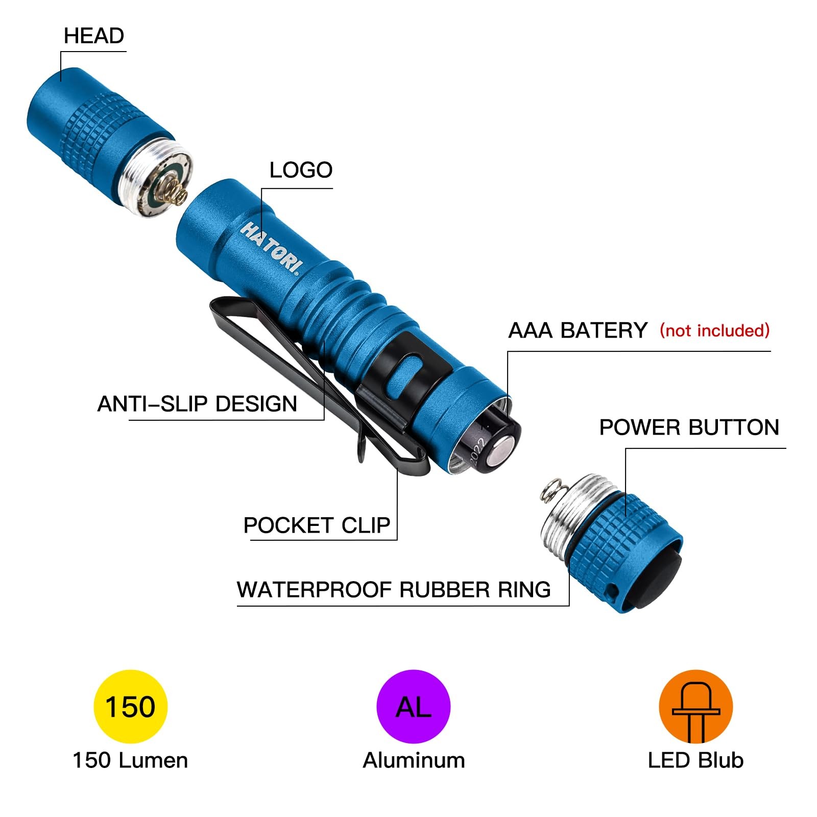 HATORI Led Flashlight Small Super Bright 1 Pack(3.55Inch Blue), Black