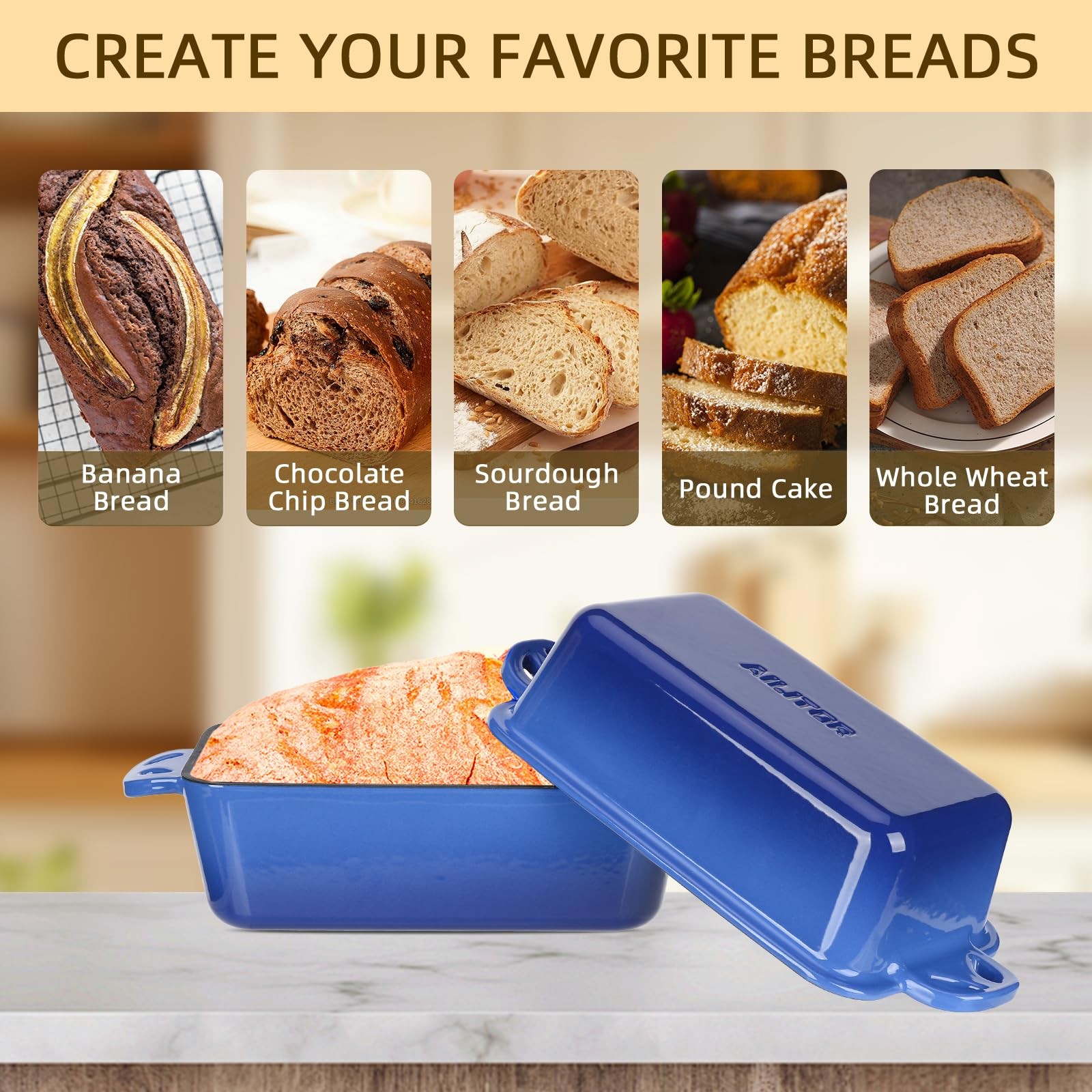 AILITOR 9×5 Enameled Cast Iron Loaf Pan with Lid – 2 in 1 Inch, Blue