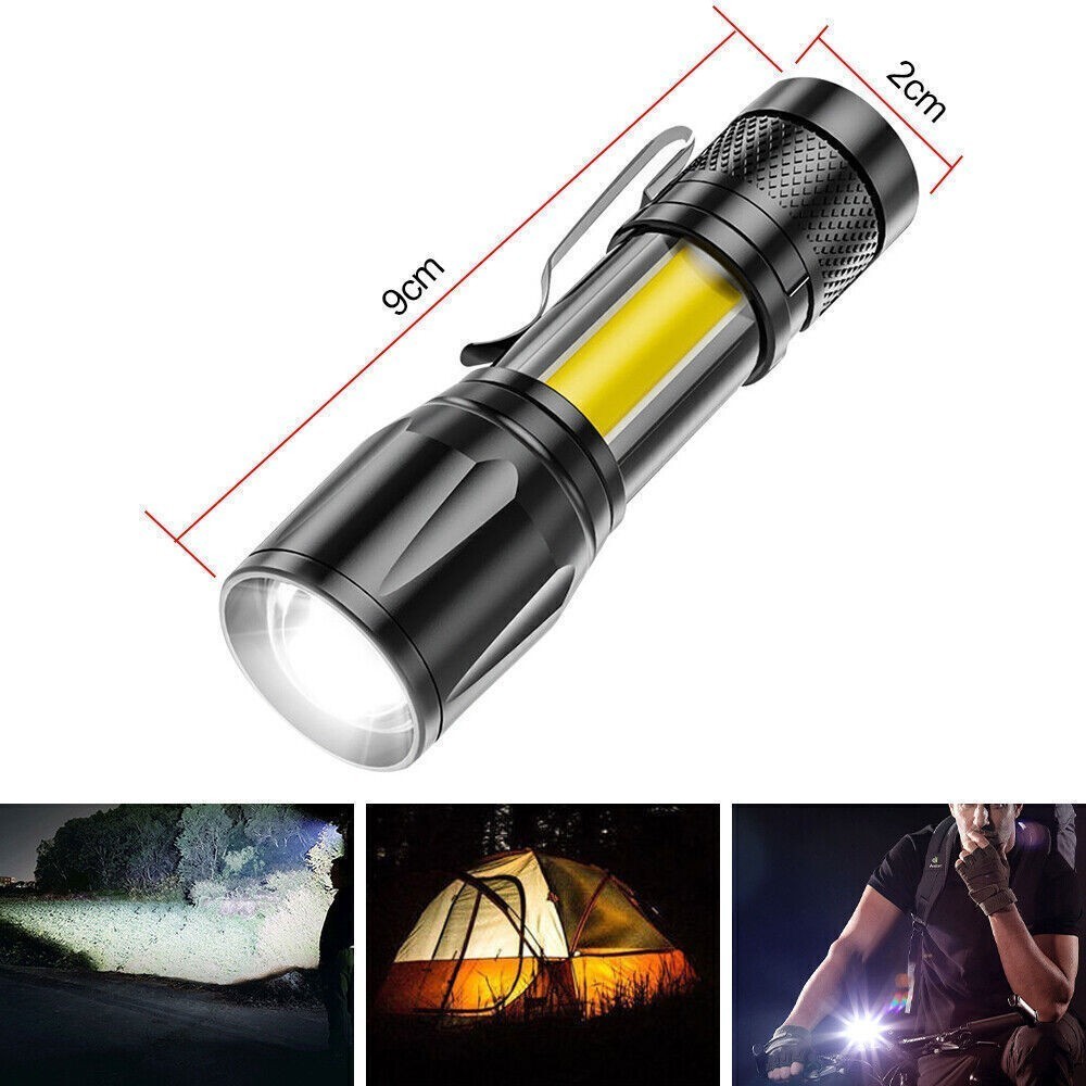 Mini LED Flashlight Torch USB Rechargeable COB Light Zoomable Camping Lamp Torch