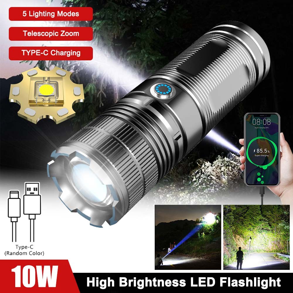 10W Laser White LEP Flashlight Zoom USB Rechargeable Torch High Powerful Light
