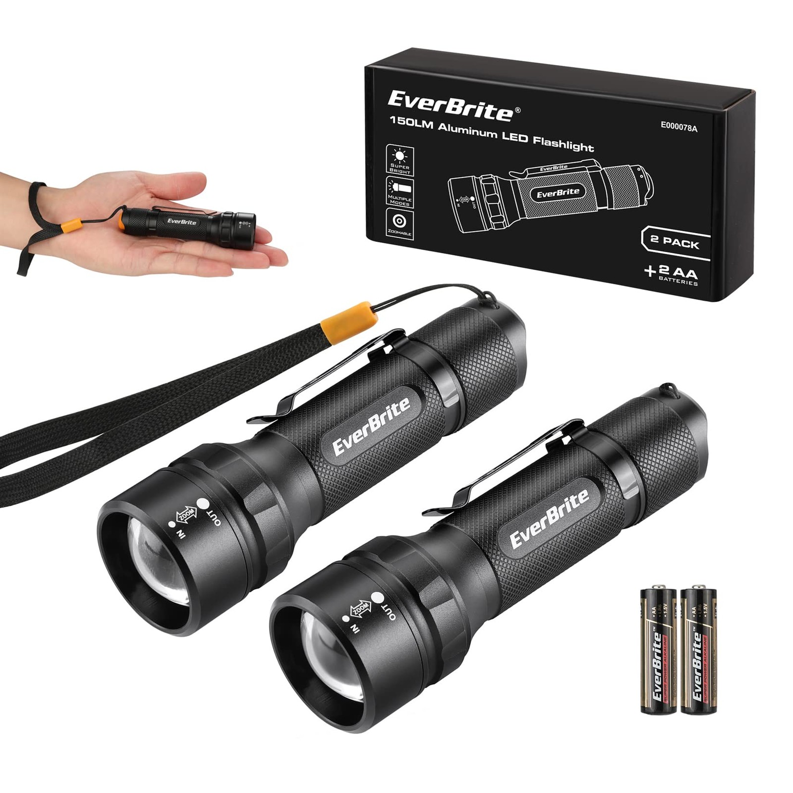 EverBrite 2-Pack 150 Lumens Super Small Mini LED Flashlight, Zoomable Flashlight