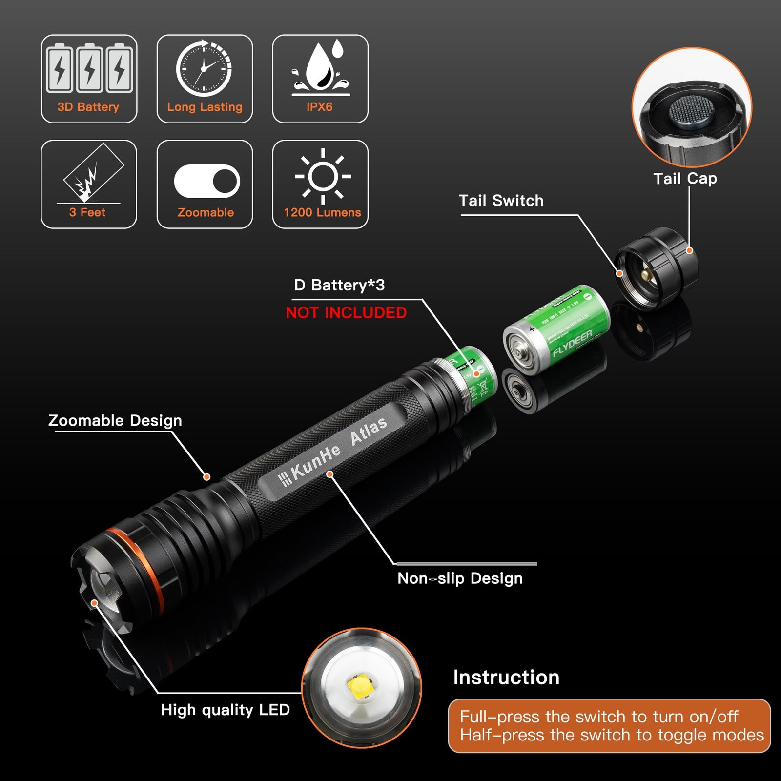 Heavy Duty 3D Cell Flashlights Large Aluminum Zoomable High Lumens-1000 LM Ba…