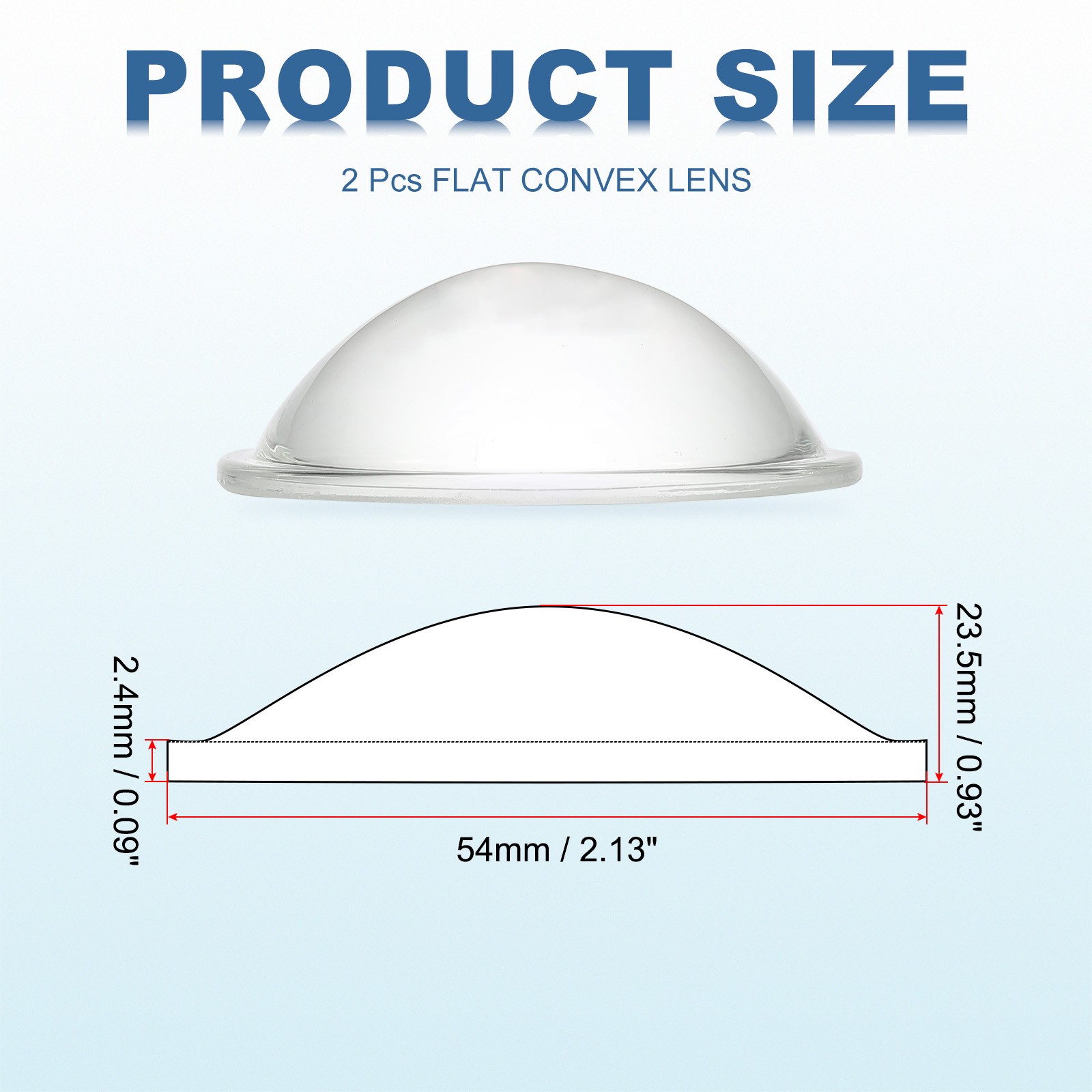 Diameter 54mm Flat Convex Lens, 2 Pcs Height 23.5mm Optical Lens, 2.4mm
