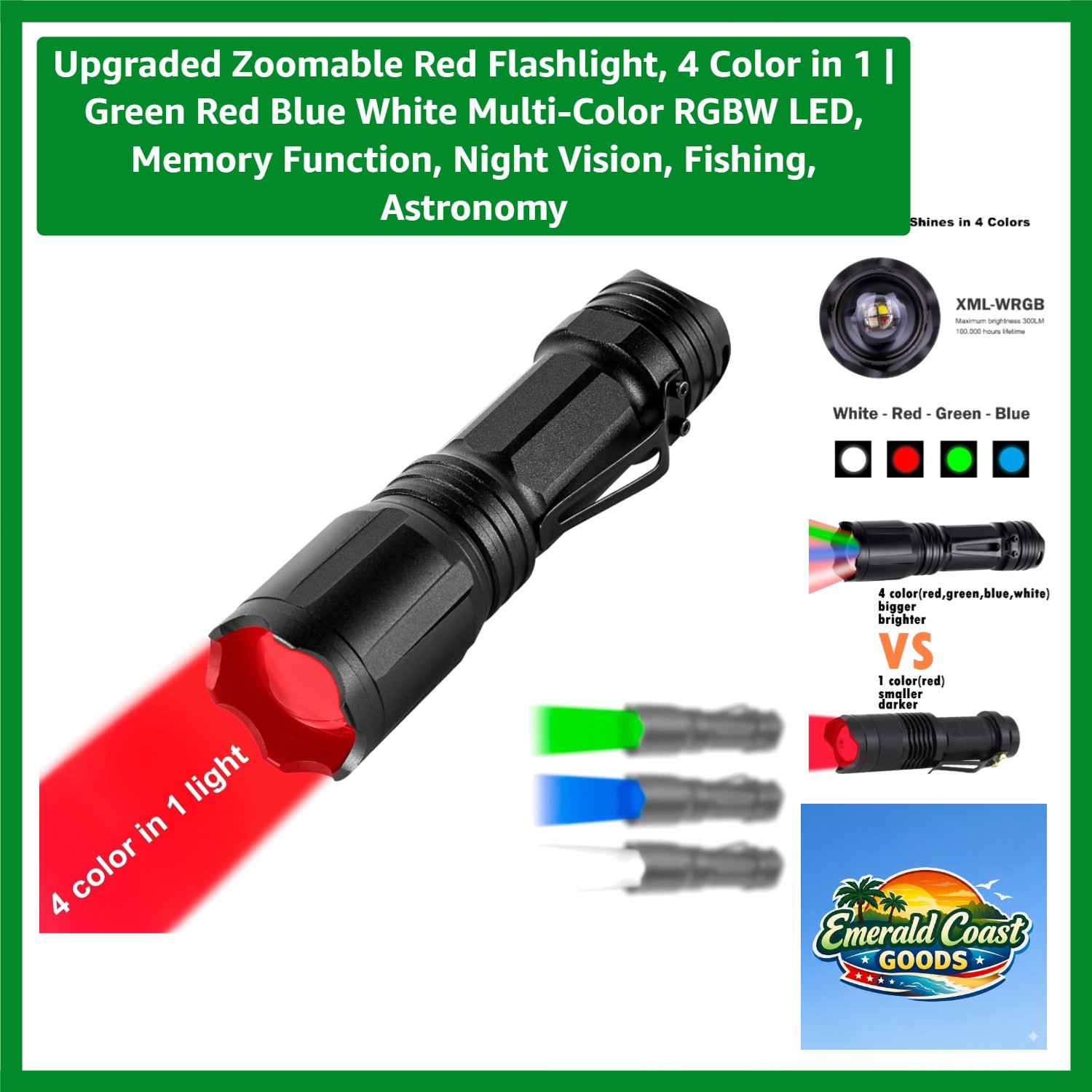 Upgraded Zoomable Red Flashlight, 4 Color in 1 | Green Red Blue White Multi-C…