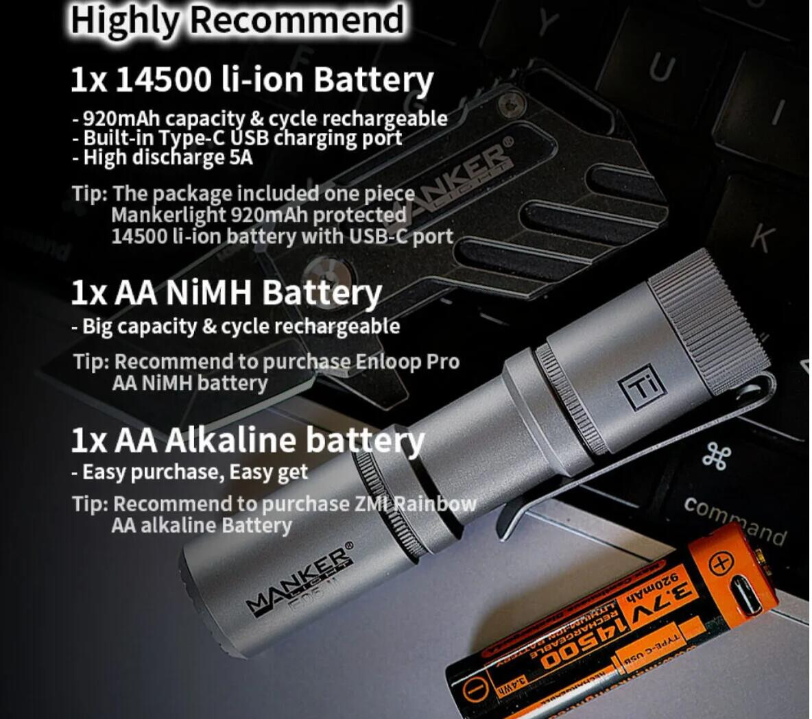 Mankerlight Titanium MAX 1300 Lumen AA 14500 EDC Mini Flashlight Torch+Battery