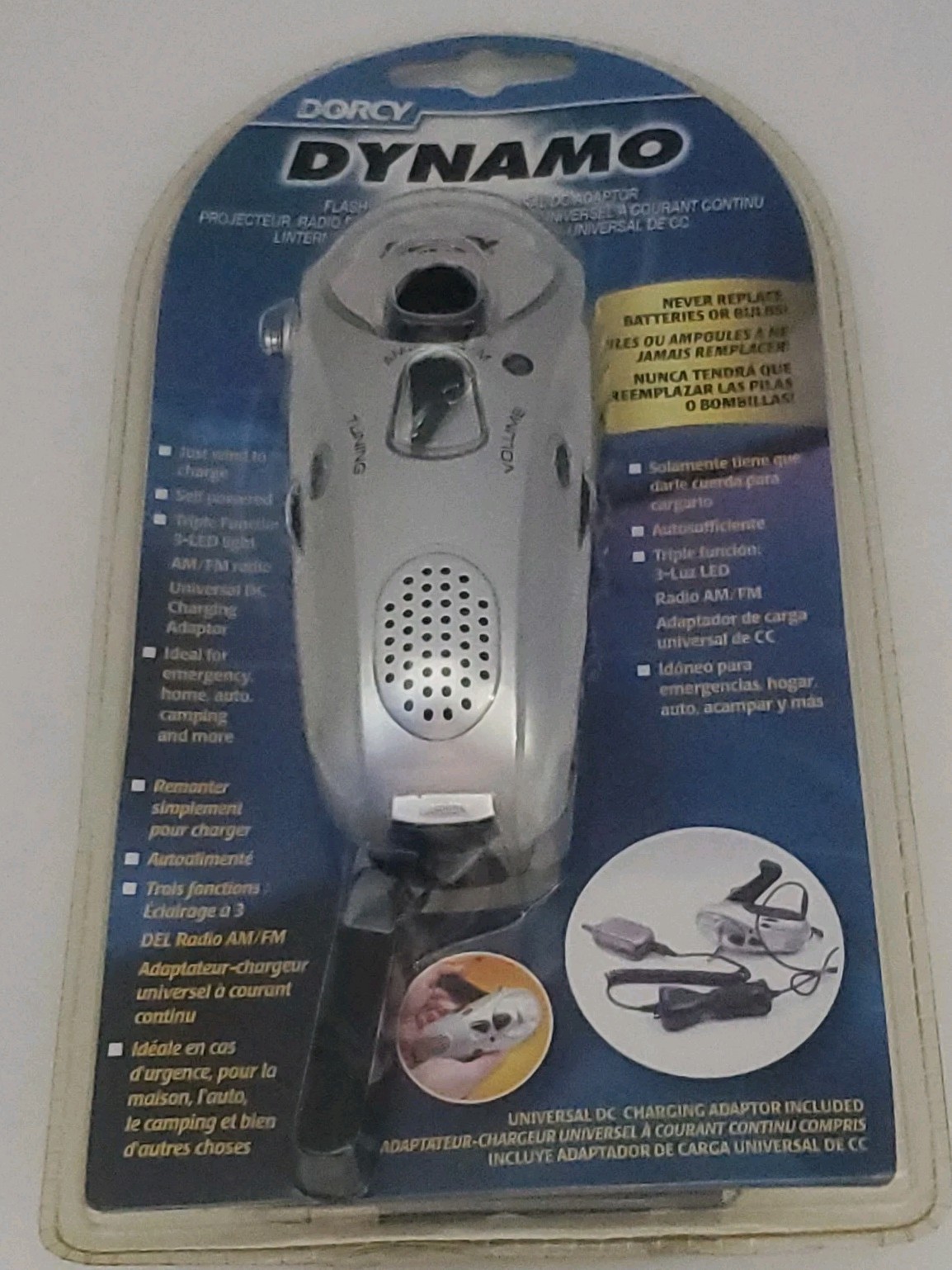 Dorcy Dynamo Flashlight Radio & Universal DC Adaptor Emergency Camping Auto NEW