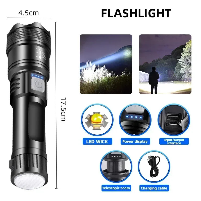 5000LM Ultra Bright Tactical Light Built-In Battery Powerful P70 LED Flashlights