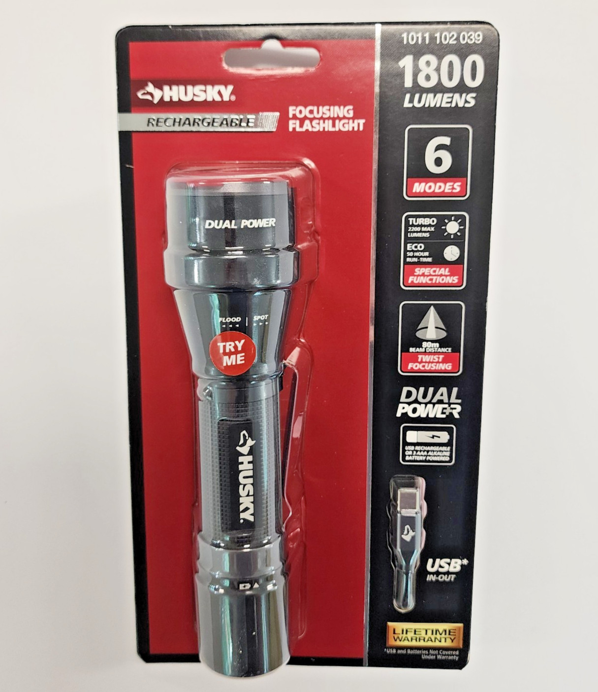 1800 Lumen LED Rechargeable Flashlight : Husky Dual Power, Focusing Flashlight!