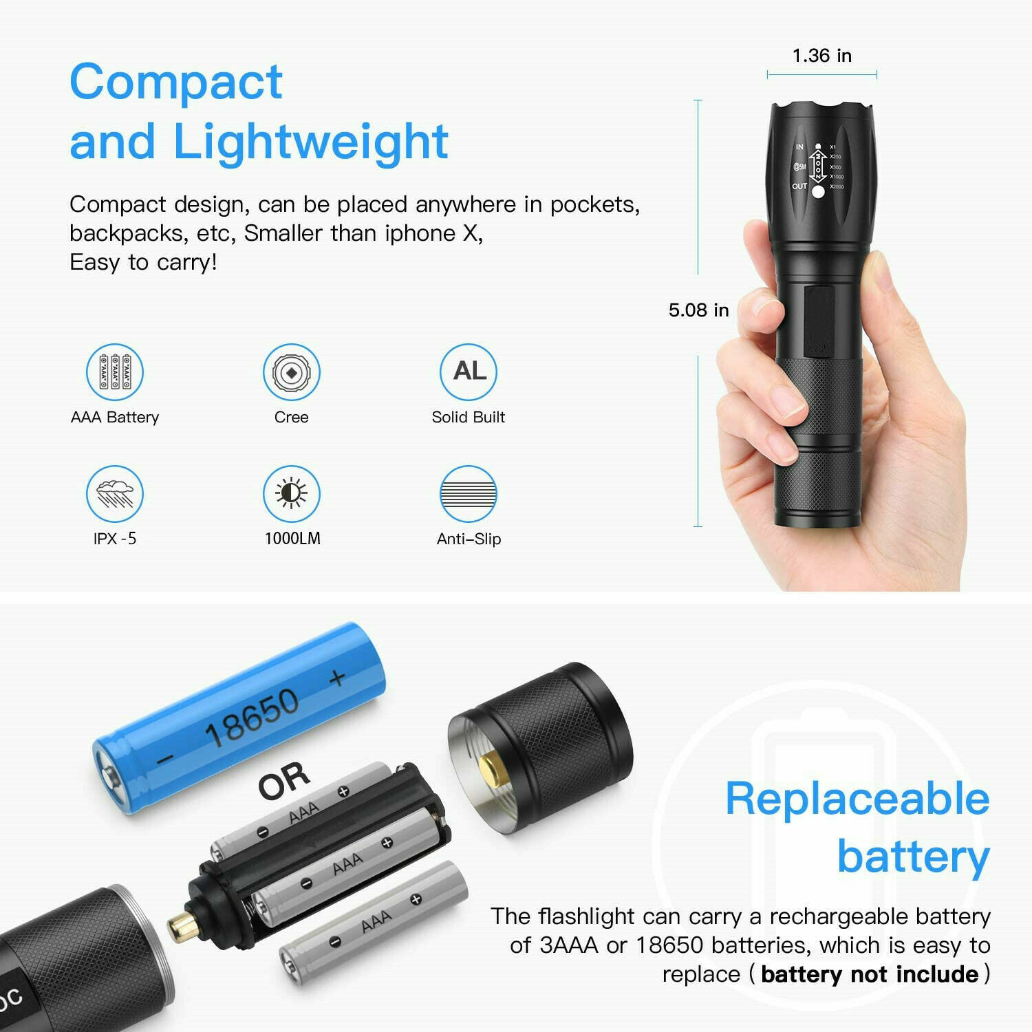 Super-Bright LED Tactical Flashlight 5 Modes Zoomable 2-Pack