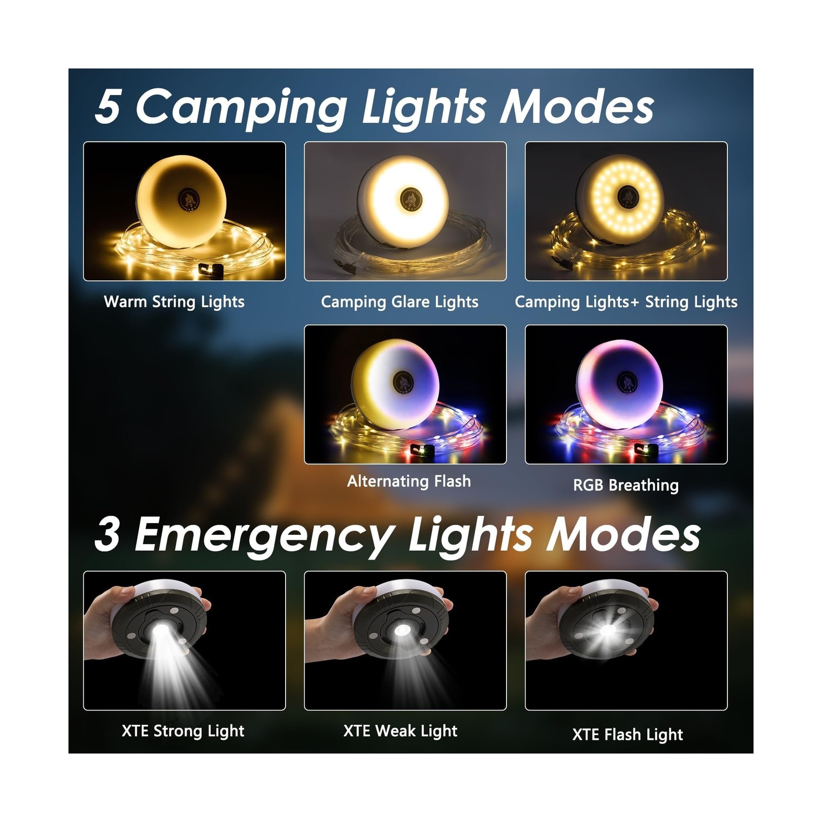 2Pack Camping String Lights, 4-in-1 Quick Storage Camp Light, 8Mode 32.8FT Ha…