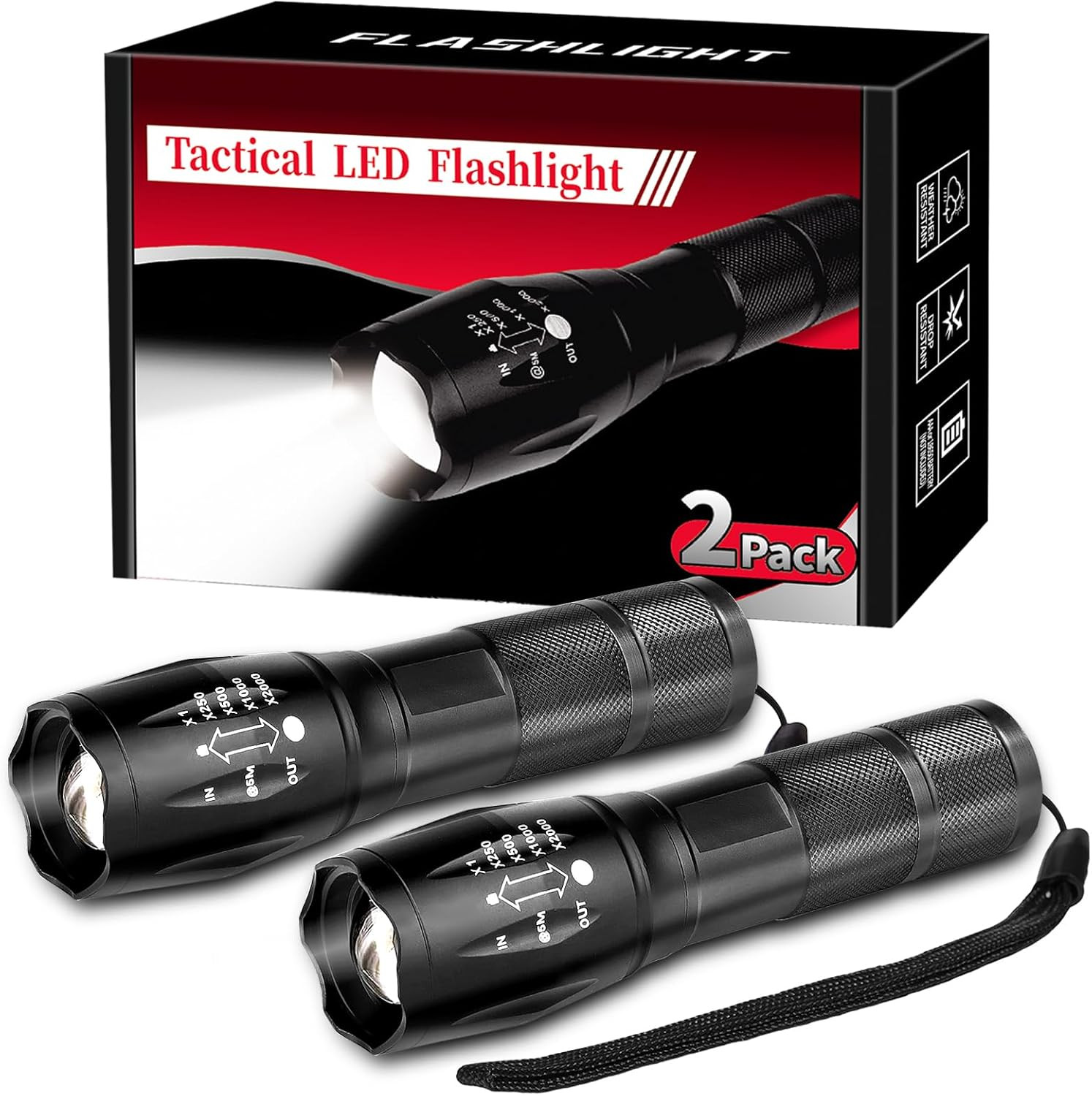 2 Pack Tactical Flashlights Torch, Military Grade 5 Modes 3000 High Lumens Led