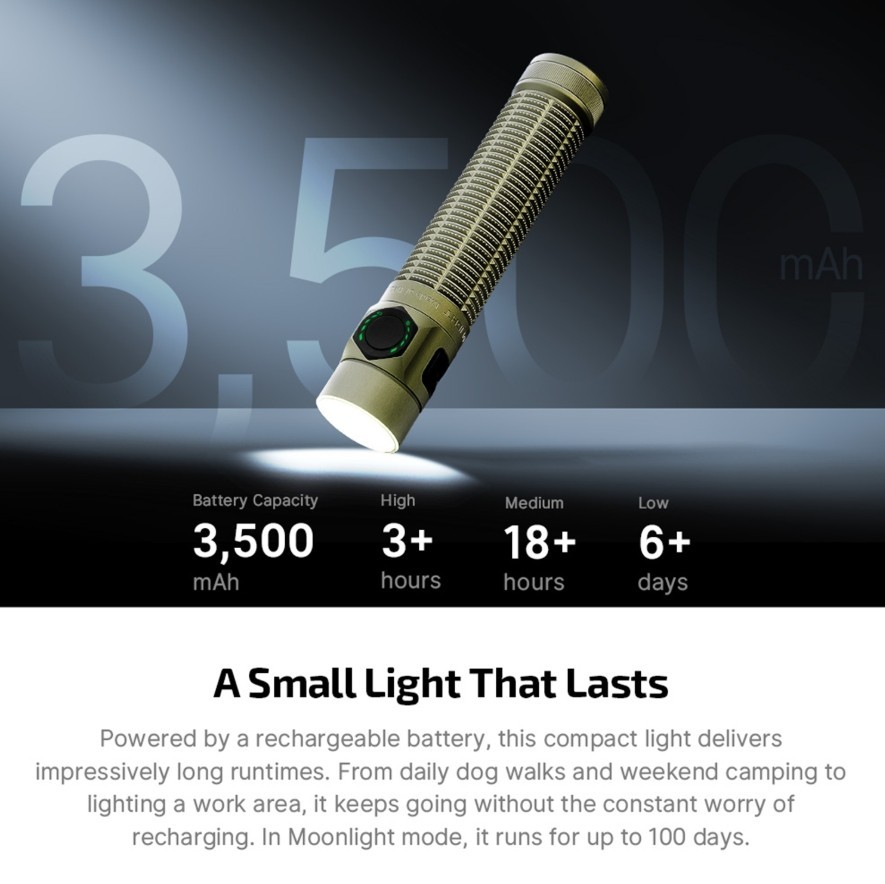 Olight Baton Ultra 1800Lm Olive Green Dual Switches Flashlight, Magnetic & USB-C