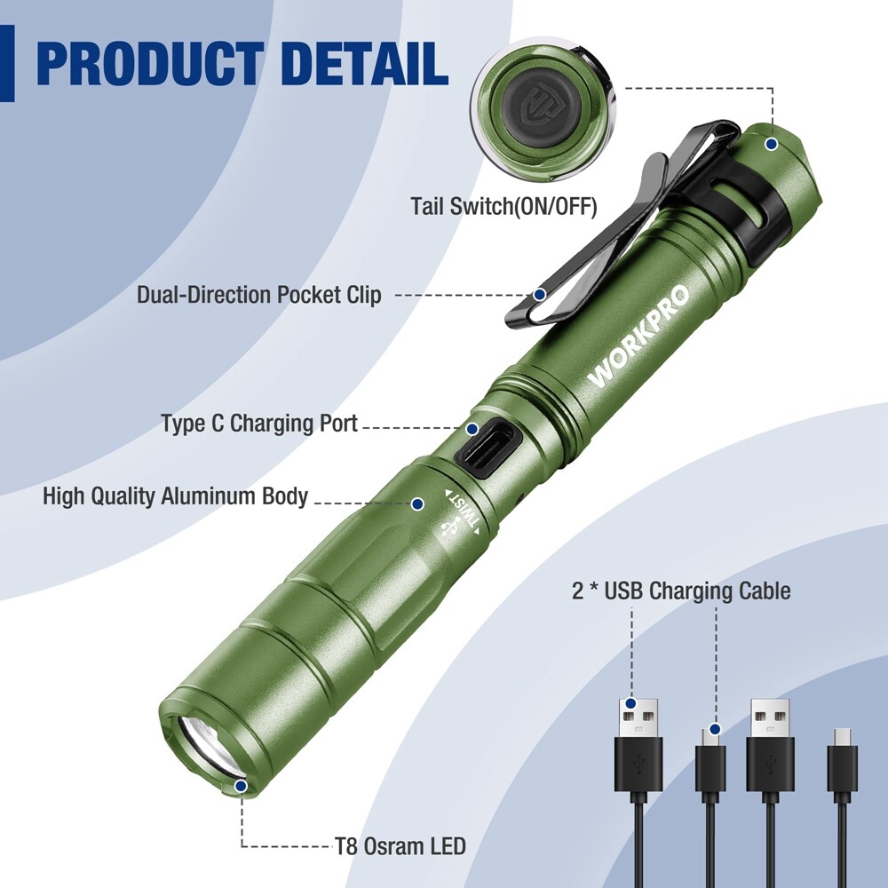 WORKPRO 2PCS Rechargeable LED Pen Light Ultra-Compact Flashlight Mini Flashlight