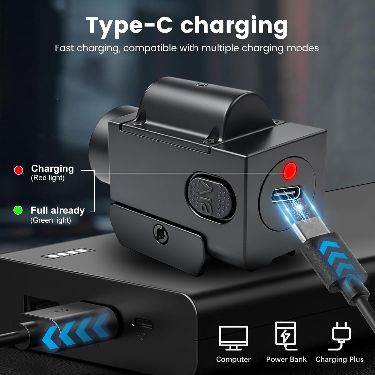 Mini LED Flashlight Light & Blue/Green/Red Laser Sight Combo USB Type-C Charging