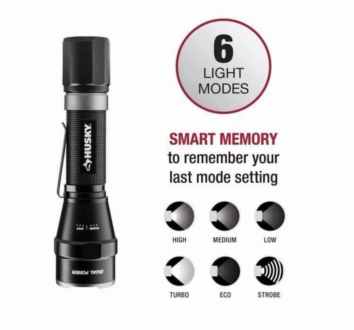Husky 1800 Lumens Dual Power LED Rechargeable Tactical Focusing Flashlight
