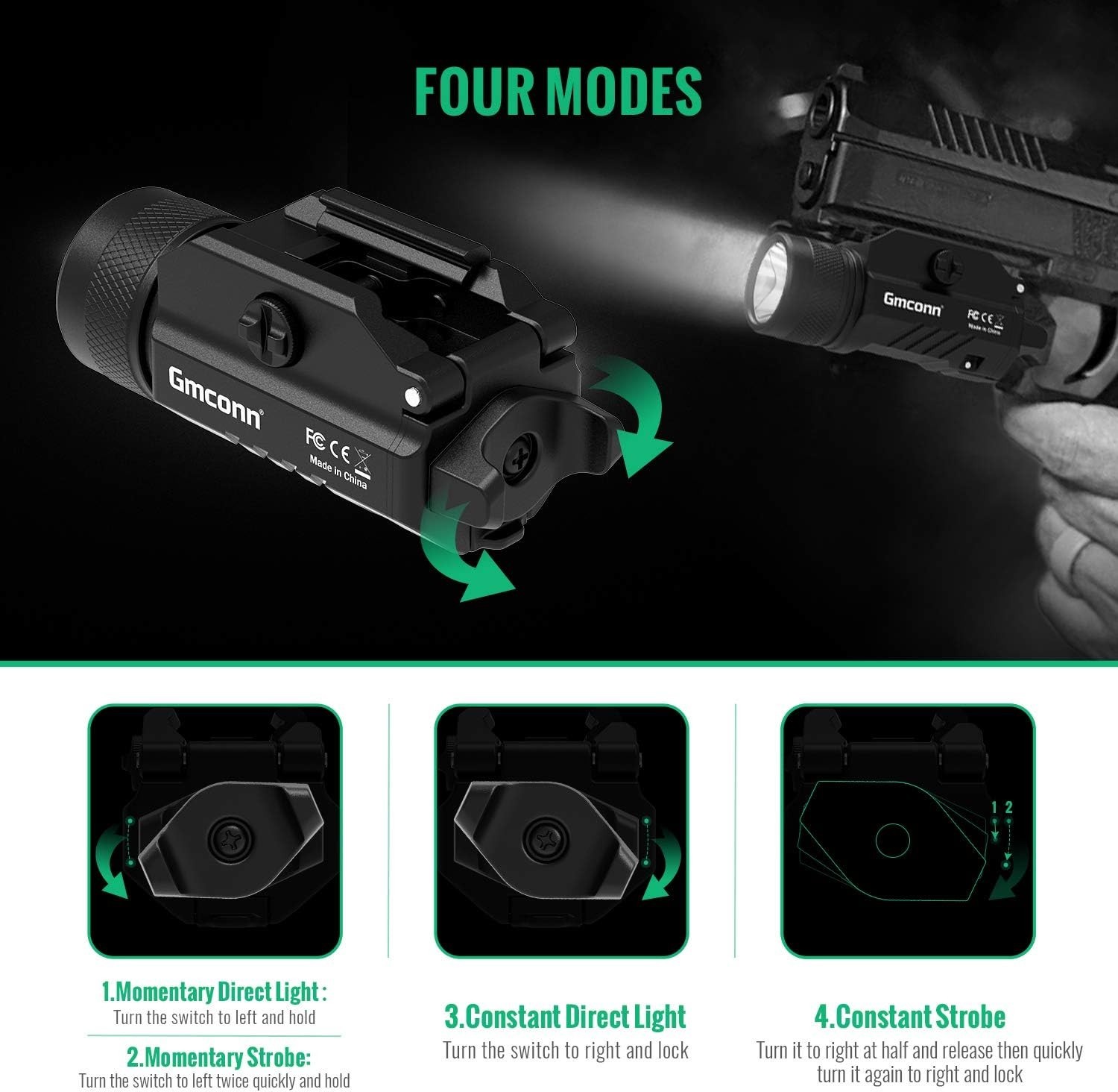 GMCONN Aluminum Green Laser Sight & Flashlight 500 Lumens for Picatinny Rail
