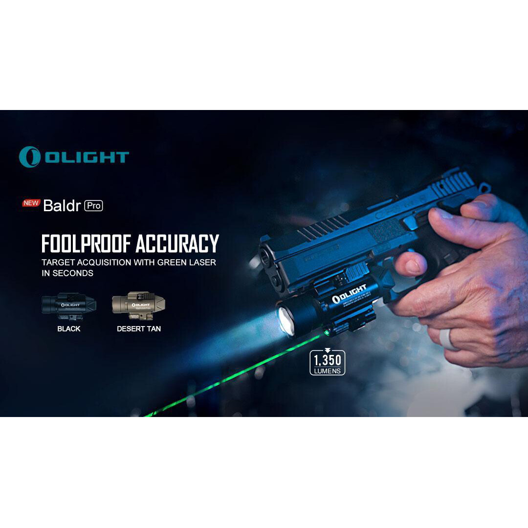 Olight Baldr Pro 1350 Lumen Pistol Flashlight with Green Laser Sight (Black)