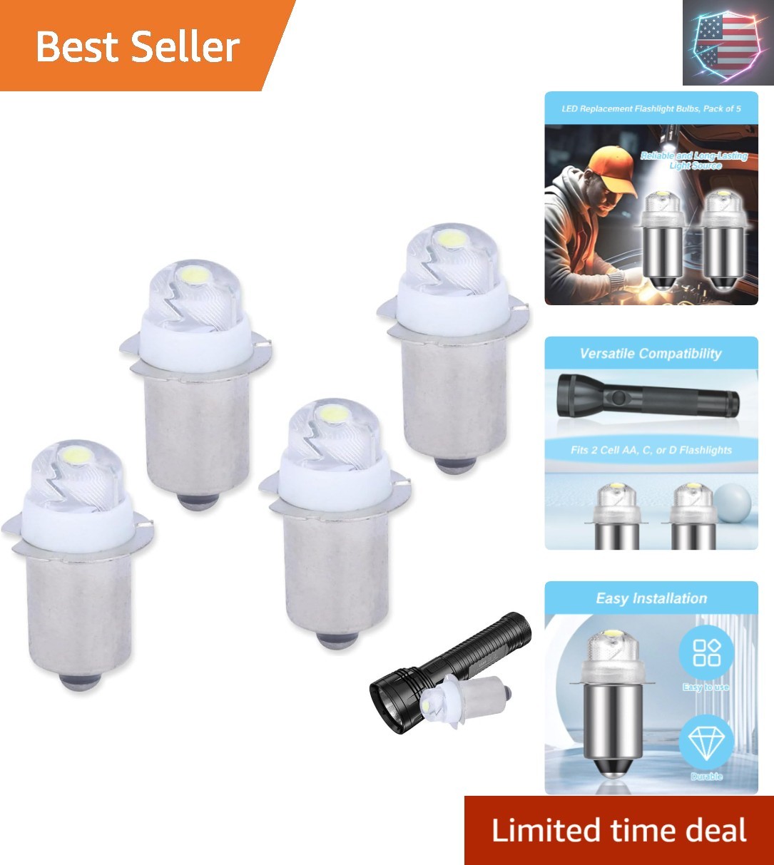 4 Pack Flashlight Bulbs 30 Lumen 3-Volt LED PR6 Replacement Bulb for Flashlig…
