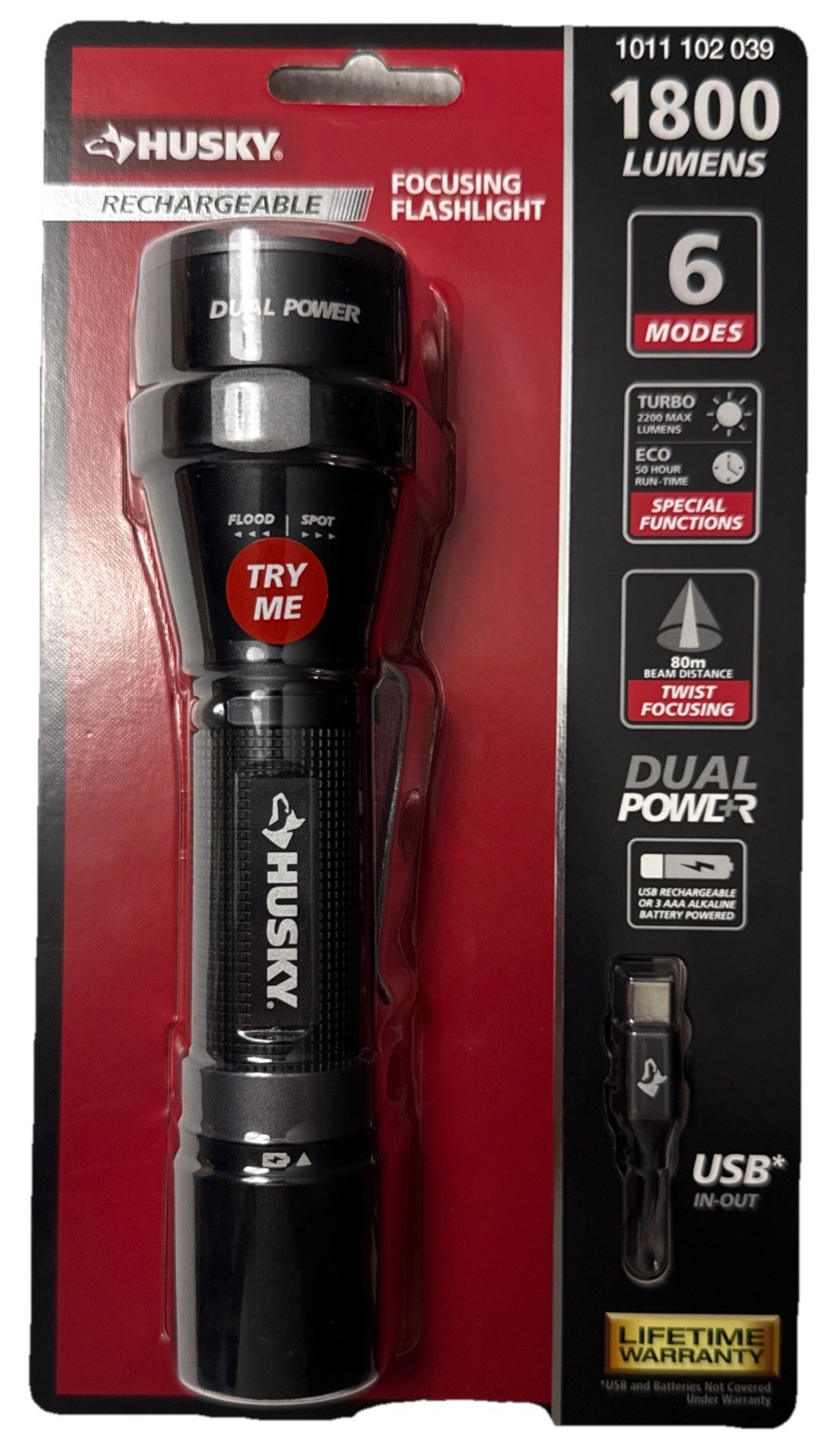 Husky 1800 Lumens Dual Power LED Rechargeable Lithium Ion Focusing Flashlight