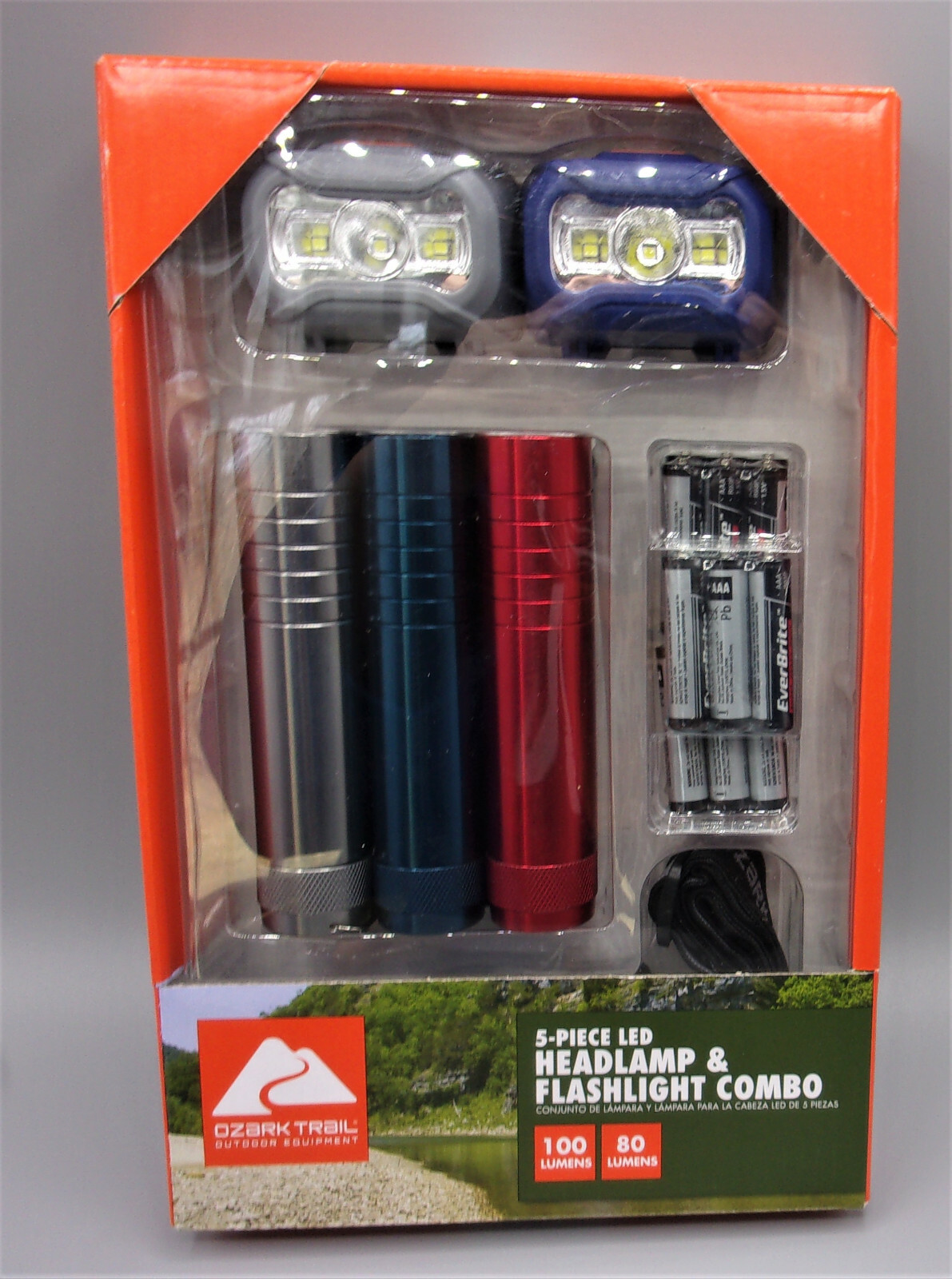 Ozark Trail LED 5 Pc Headlamp & Flashlight Combo -4 Modes – With Batteries -NEW