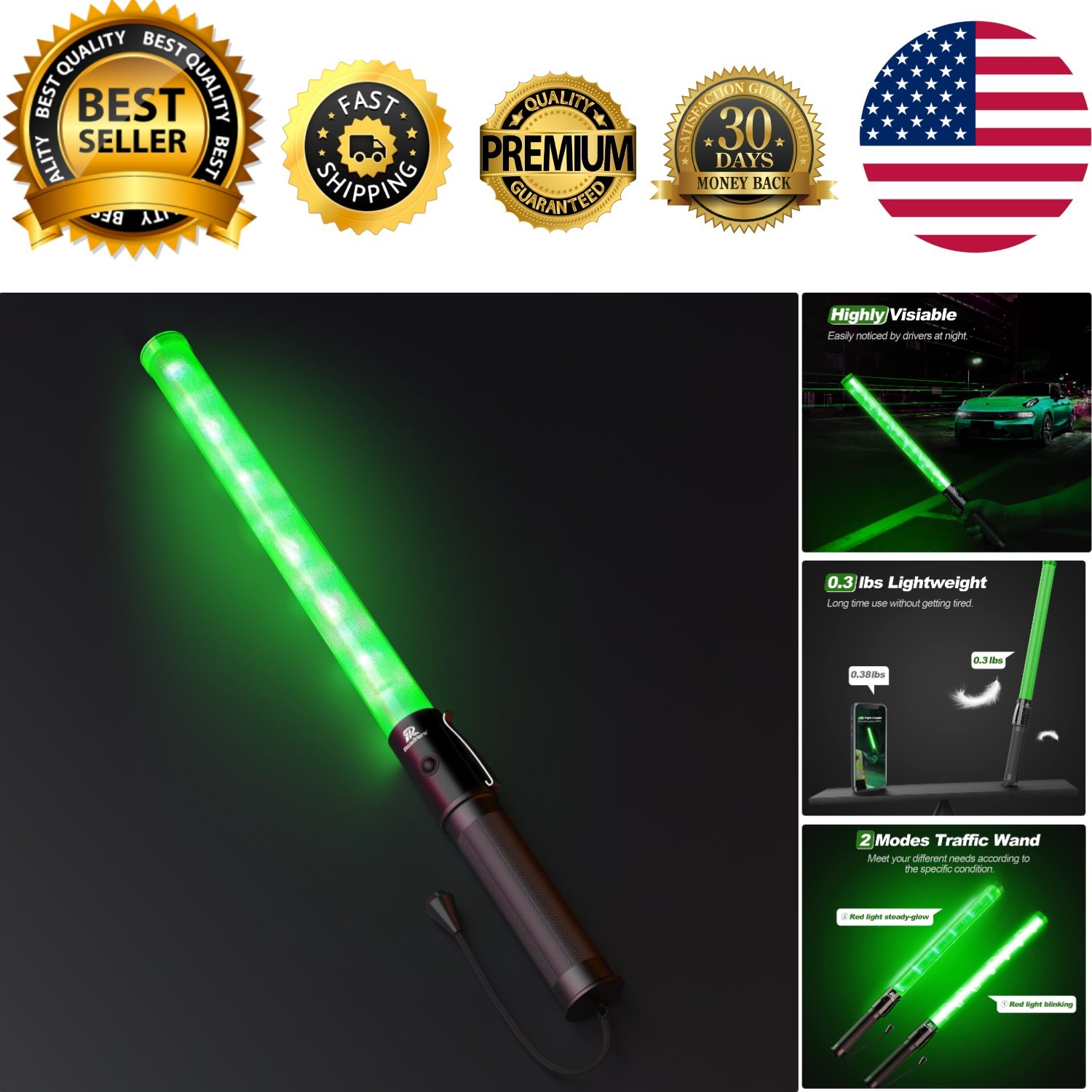 1 Pack 21 Inch Traffic Wands, Green Led Traffic Control Baton, Night Safety L…