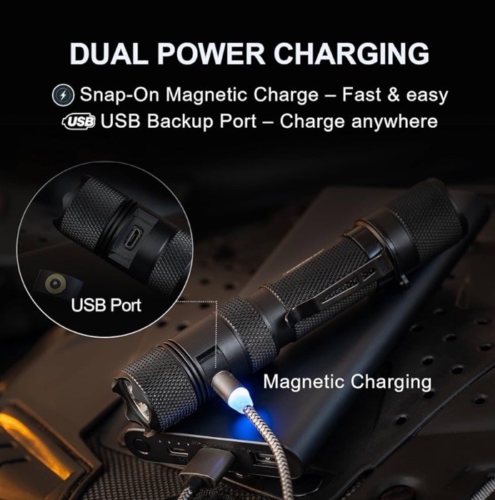 PowerTac E9R G4 Tactical Rechargeable LED Flashlight with Magnetic & USB Chargin