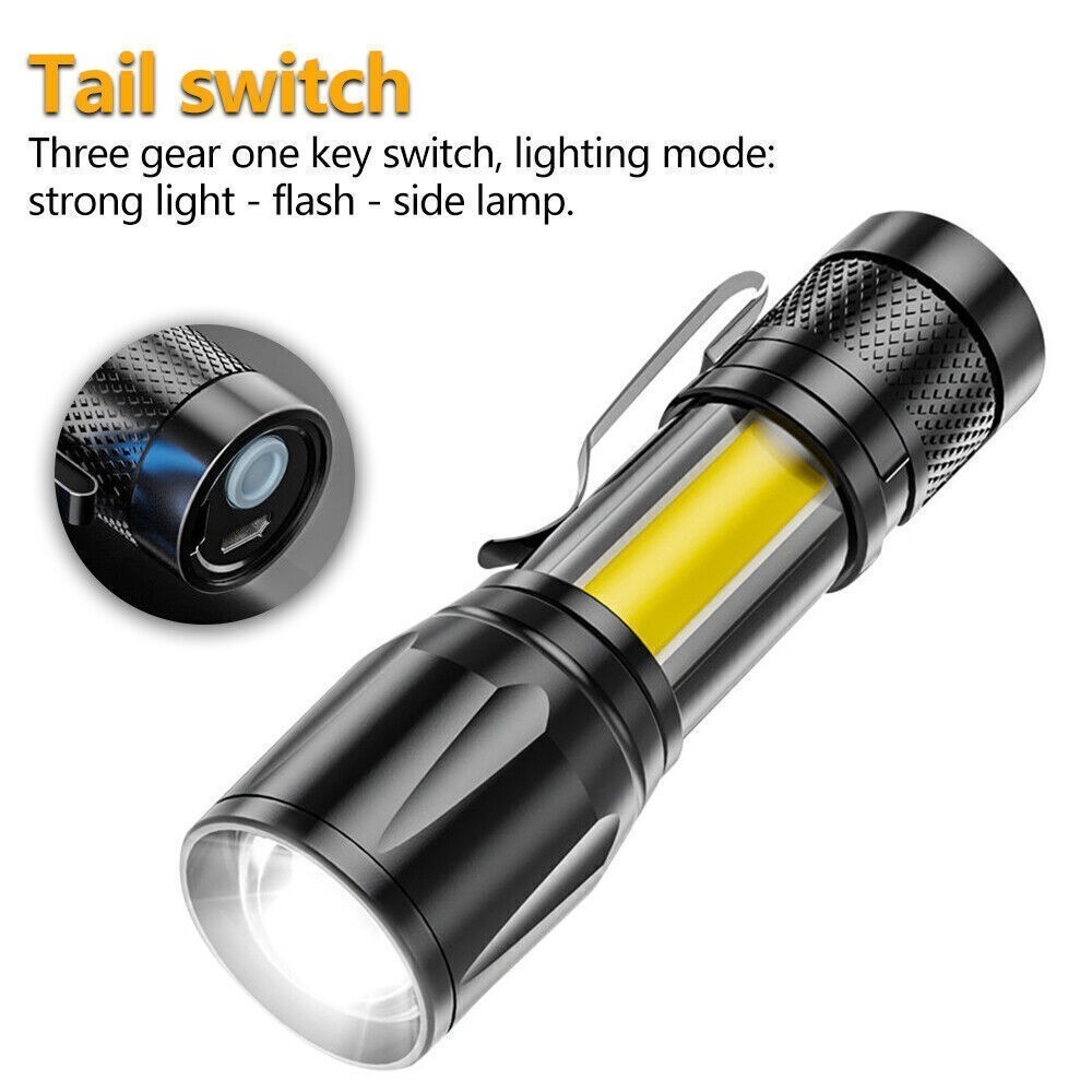 Mini LED Flashlight Torch USB Rechargeable COB Light Zoomable Camping Lamp Torch