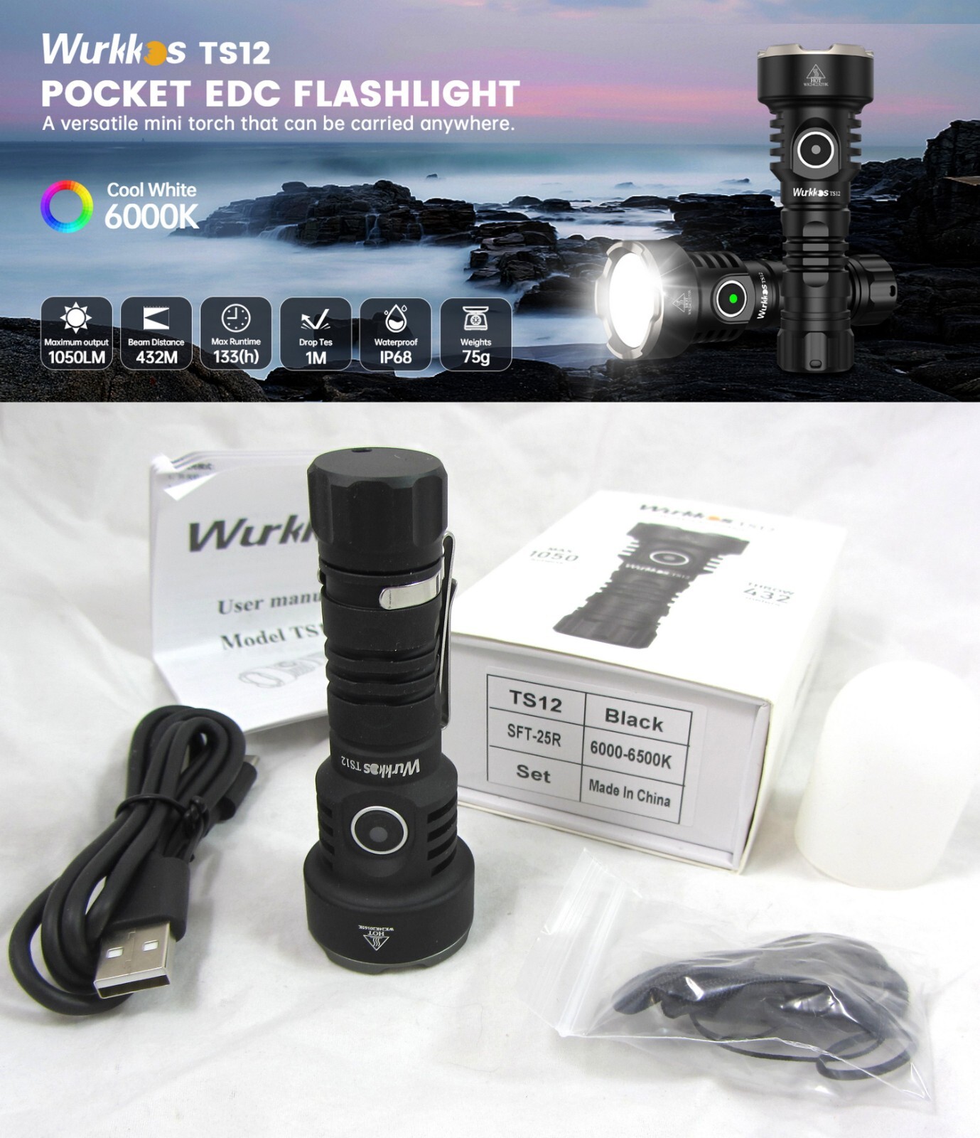 Wurkkos TS12 Compact Thrower LED Flashlight Diffuser Lantern Kit 1050 Lumen