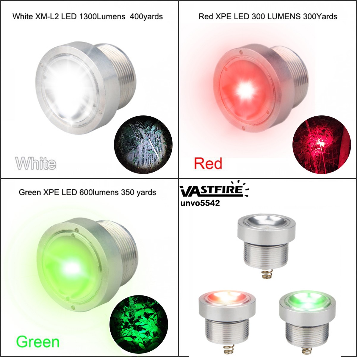 Red Green White LED Flashlight Torch Hunting Light with 2 Scope Mount 20mm Rail
