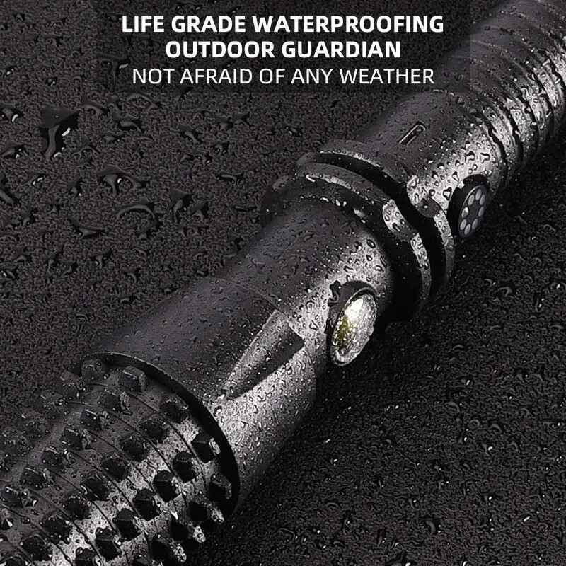 Rechargeable Tactical Flashlight Long Handle Self Defense Torch Window Breaker