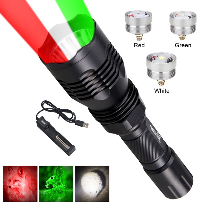 Hunting Red/Green/White Light 3LEDs Flashlight Predator Torch w/ Two Free Mounts
