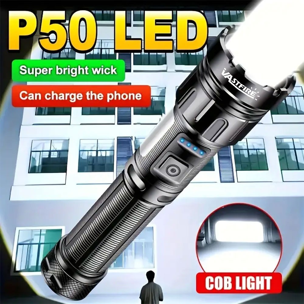 2Pack COB LED Flashlight USB Rechargeable Zoomable White & Red Light for Camping