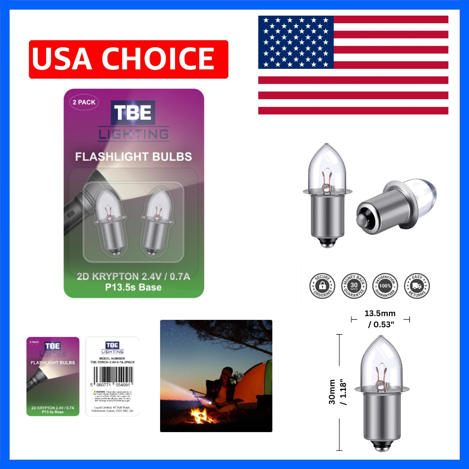 Replacement 2D 2.4 Volt, 0.7A Bayonet Base P13.5 Krypton Flashlight Bulbs, Pa…