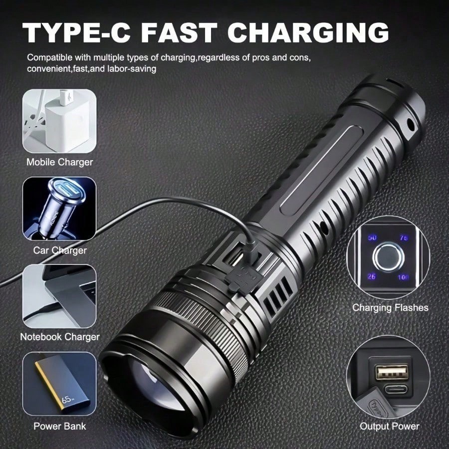 Rechargeable LED Flashlight Type-C 5000mAh IPX4 Long Range Torch