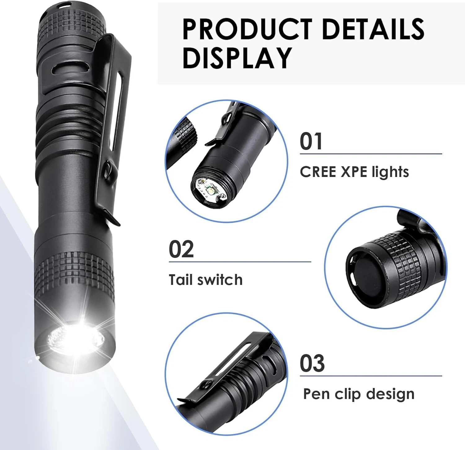 Mini Flashlight, AAA Small Pen Light with Clip, Portable 500lm 3.5″, Black