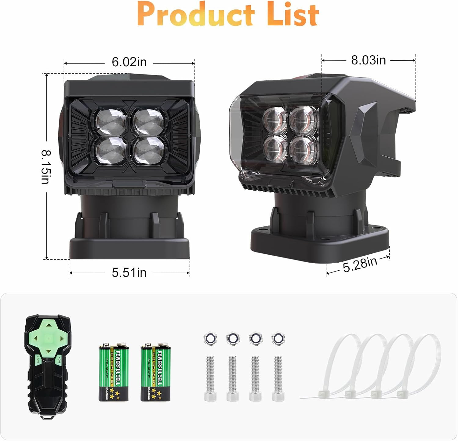 Remote Control Spotlight for Truck, 50W Outdoor Searchlight 360°Rotating Automat