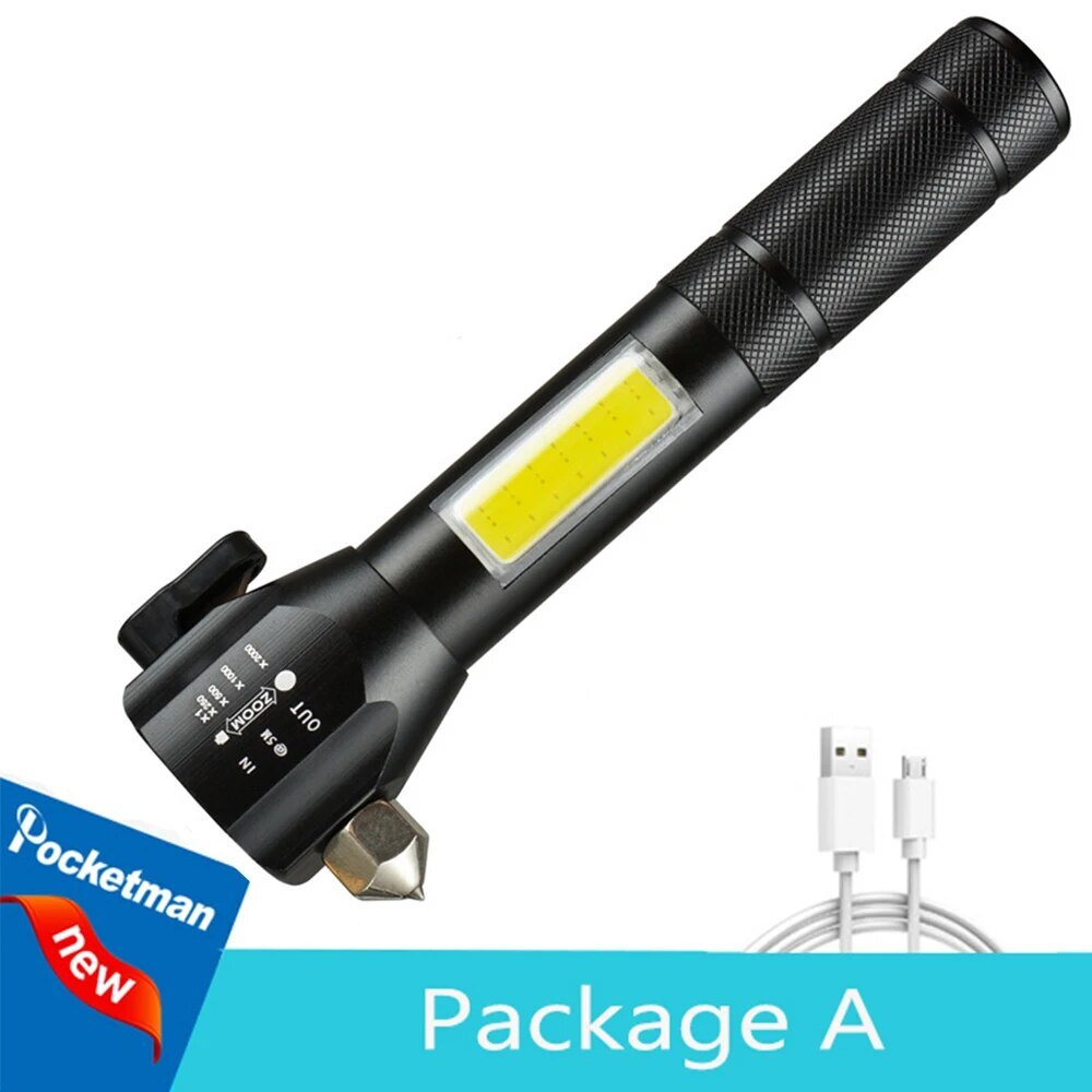 Multifunctional 4 in 1 Self-defense Flashlight Powerful LED+COB Waterproof