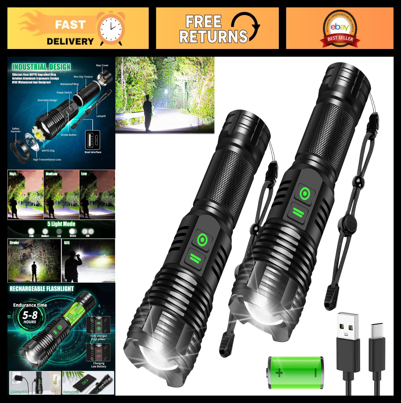 2-Pack Super Bright 100,000 Lumens Tactical Flashlights, Waterproof 5 Modes for