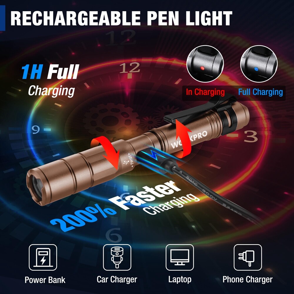 WORKPRO 2PCS Rechargeable LED Pen Light Mini Flashlight Ultra-Compact Flashlight