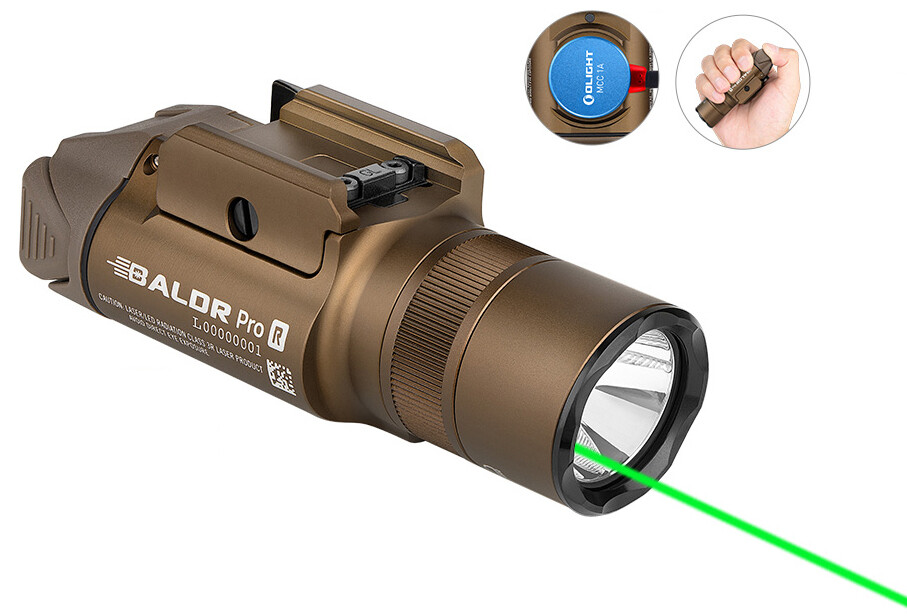Olight Baldr Pro R Desert Tan Rechargeable Light, LED & Green Laser, 1350 Lumen