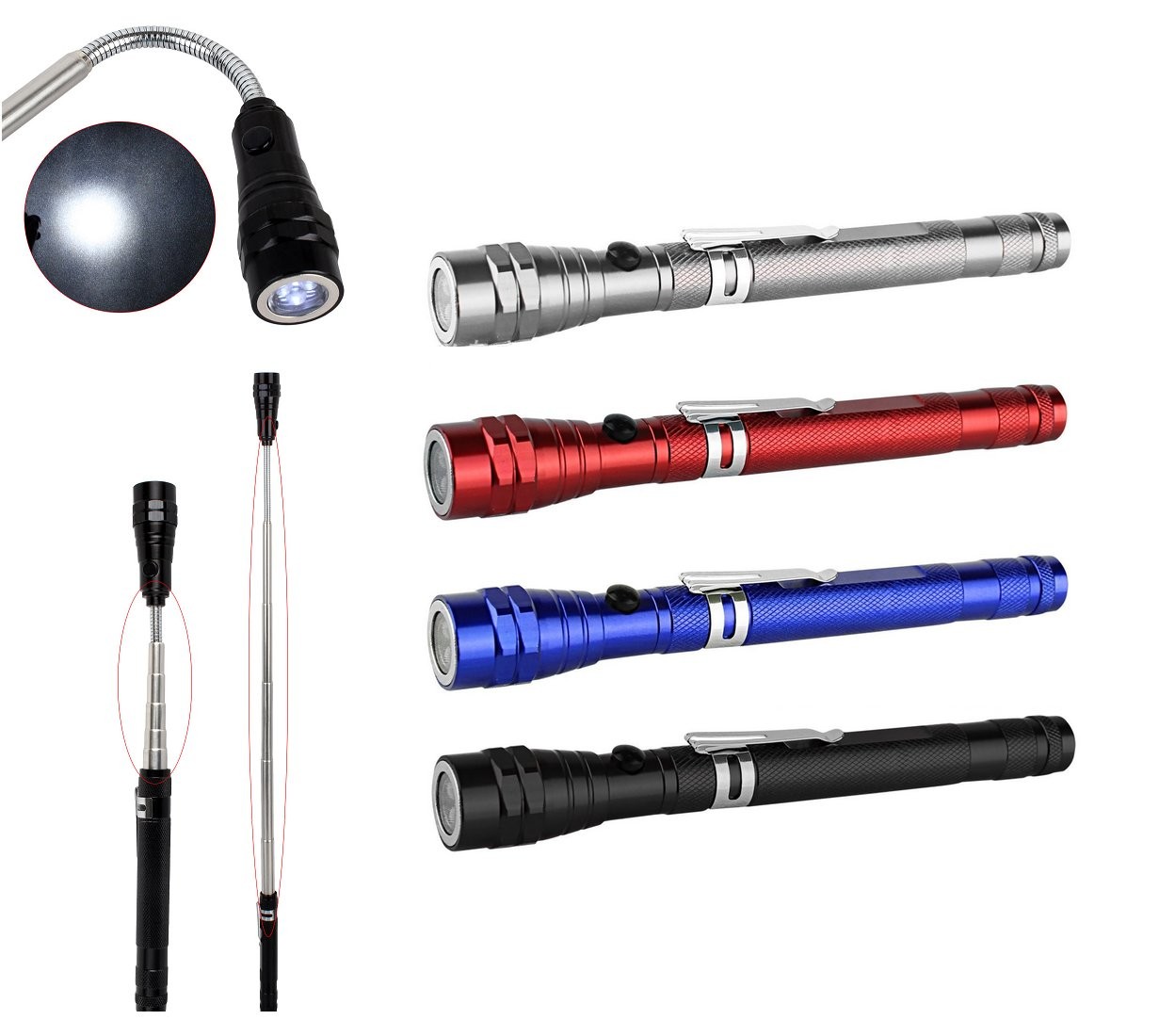 Portable 3 x LED Telescopic Flexible Extensible Led Flashlights Torch Magnetic