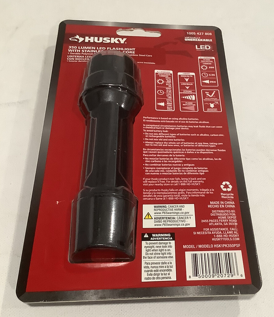 Husky 350 Lumens Tough Stainless Steel Core LED Flashlight – New